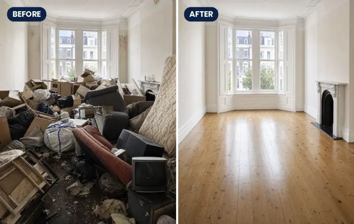 A room full of furniture and rubbish before, and cleared and clean after